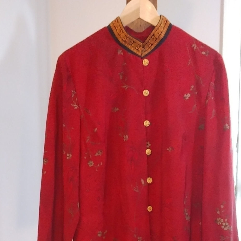 Karin Stevens Red Gold Floral Flower Medley Jacket Size 14 Front Button Up